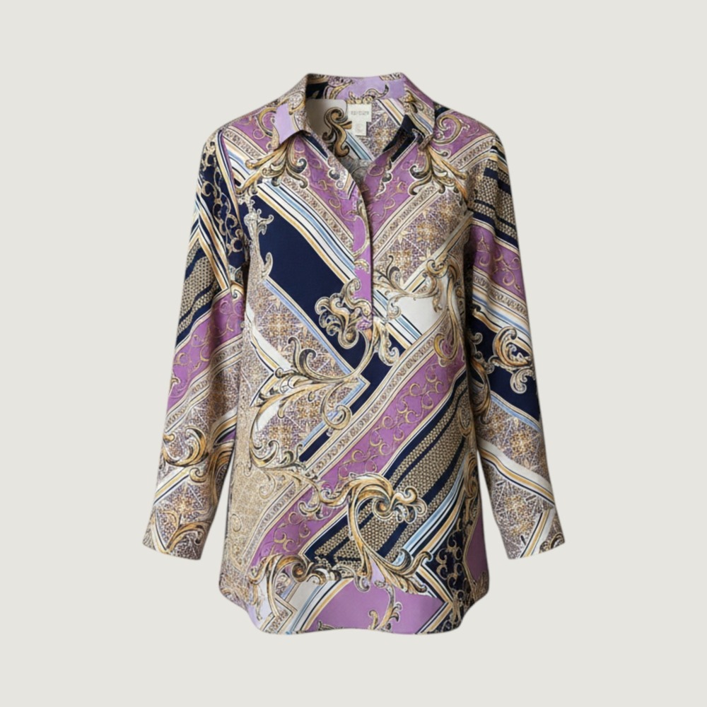 Chicos Baroque Scarf Print Tunic Top Purple Navy Gold Long Sleeve Blouse Size 2